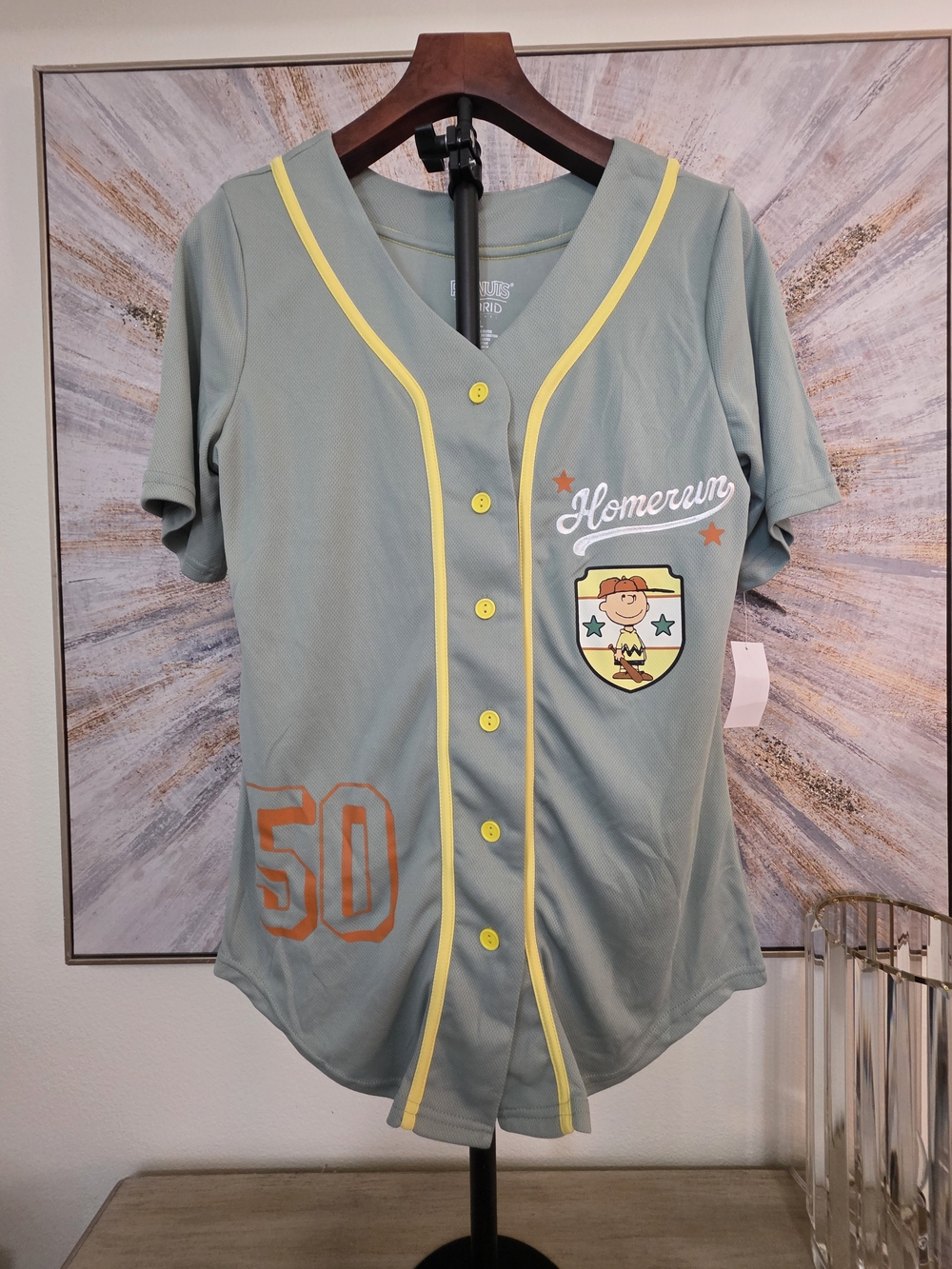 Ladies Peanuts Green Baseball Jersey with Yellow Trim Large